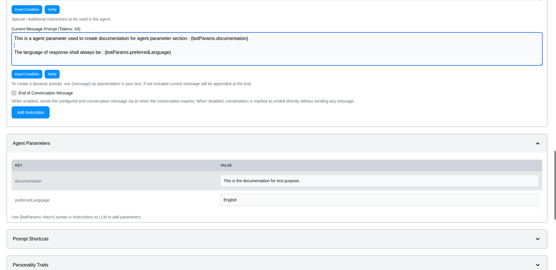 Agent Parameters Section