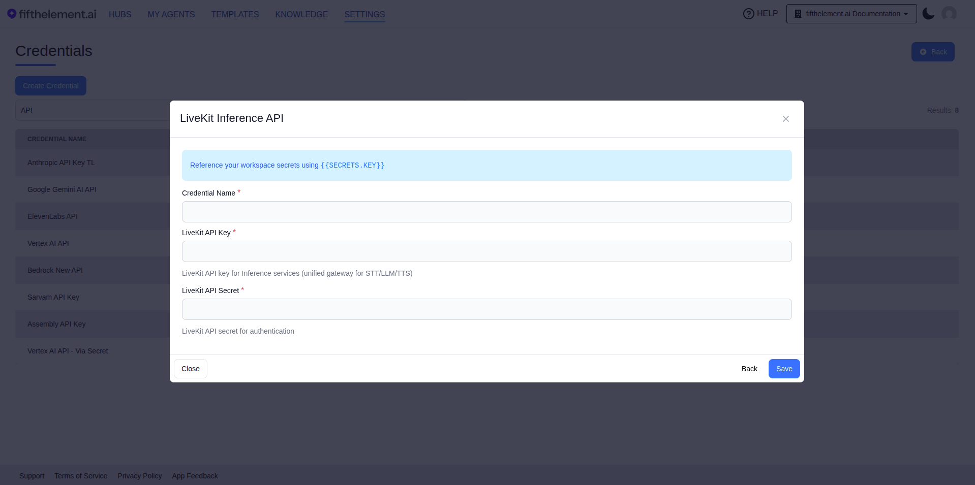 LiveKit Inference API Credential Form
