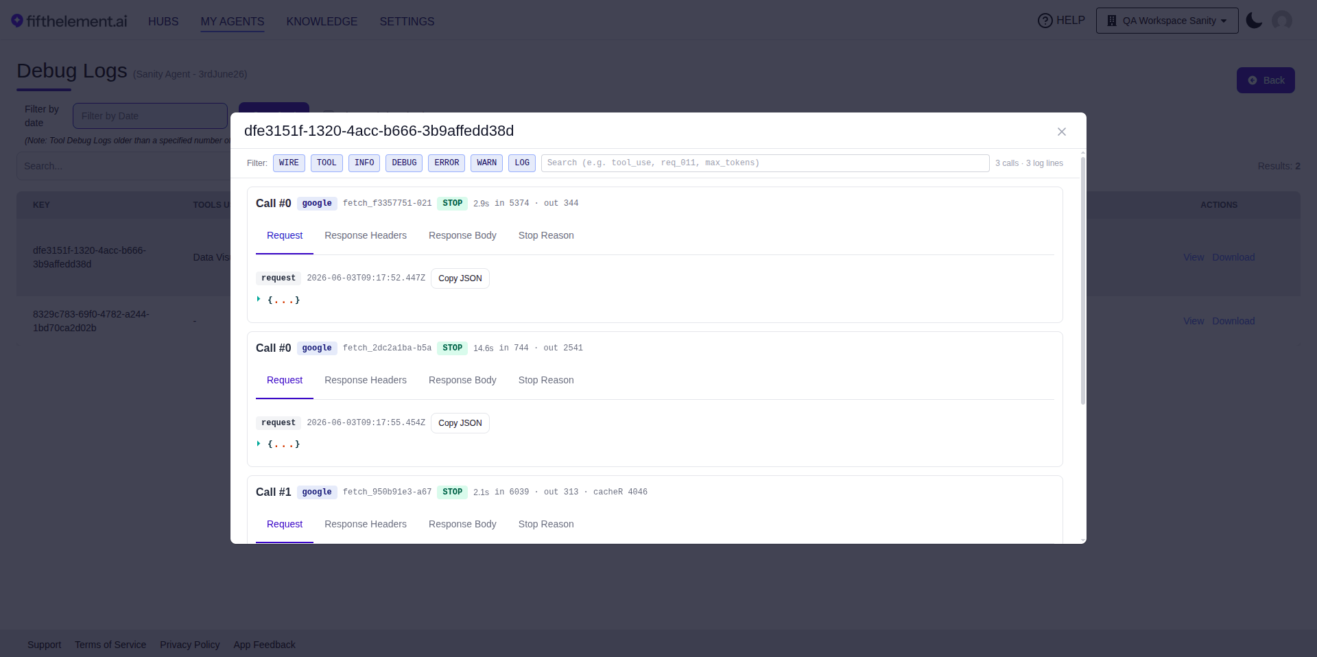 Debug Logs page