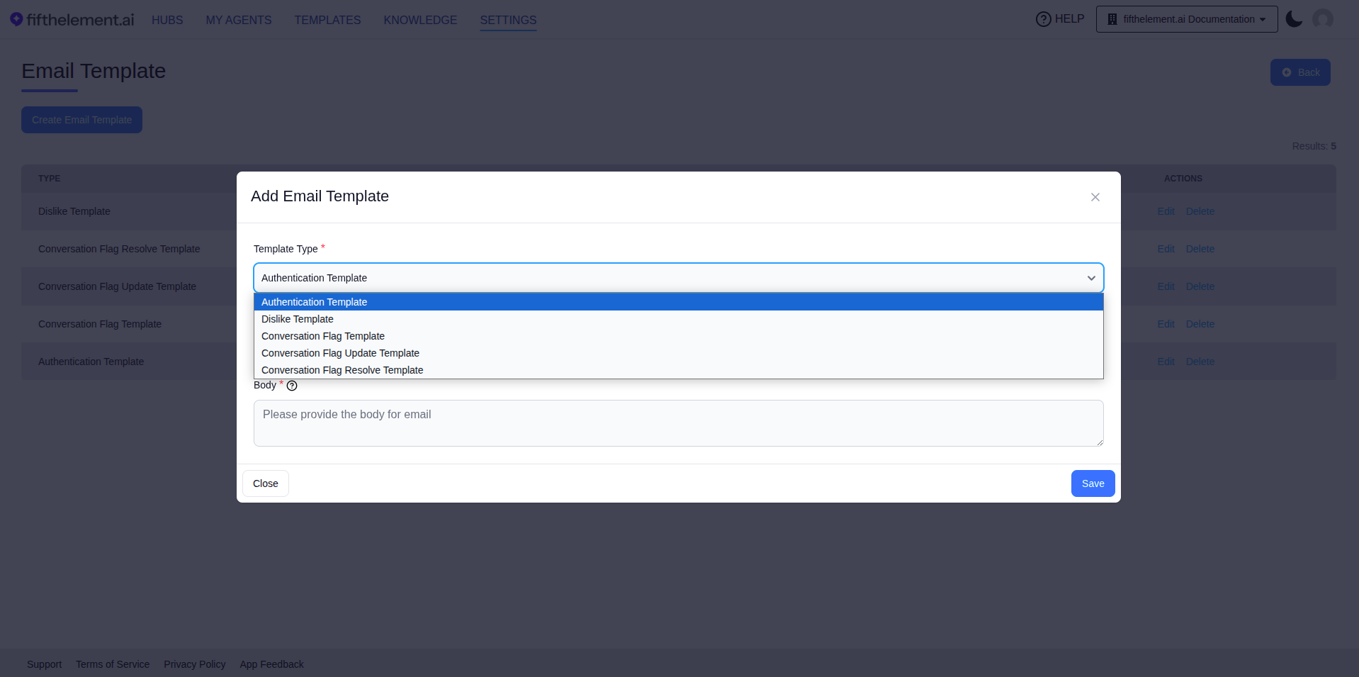 Email Template Type Dropdown