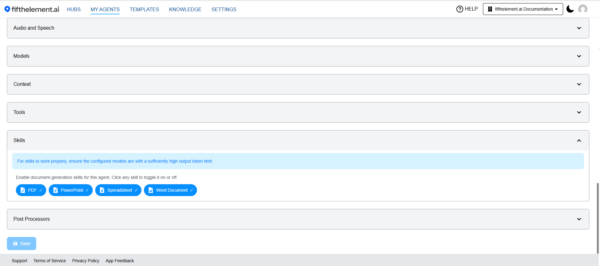 Skills section under Agent Settings
