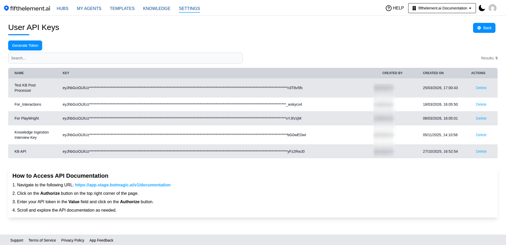 User API Keys Page