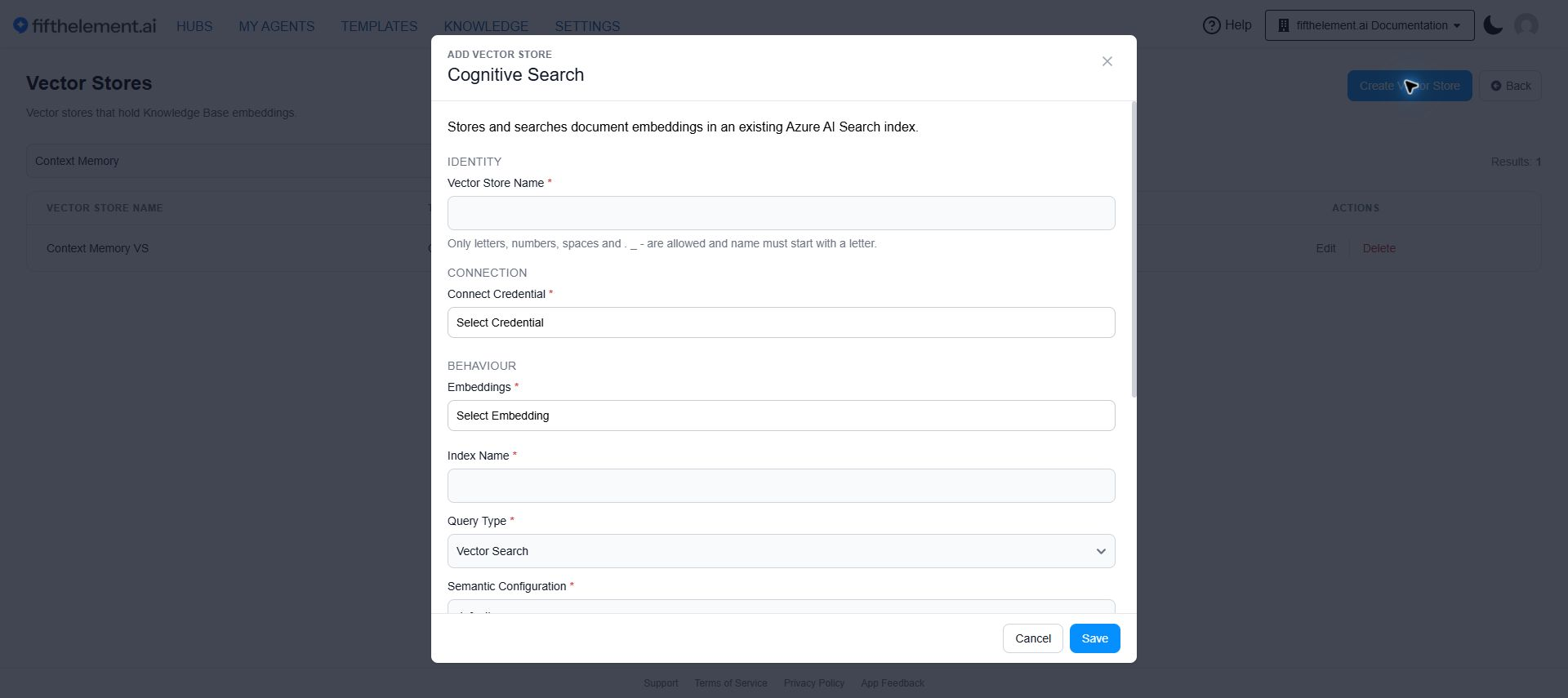 Cognitive Search vector store configuration