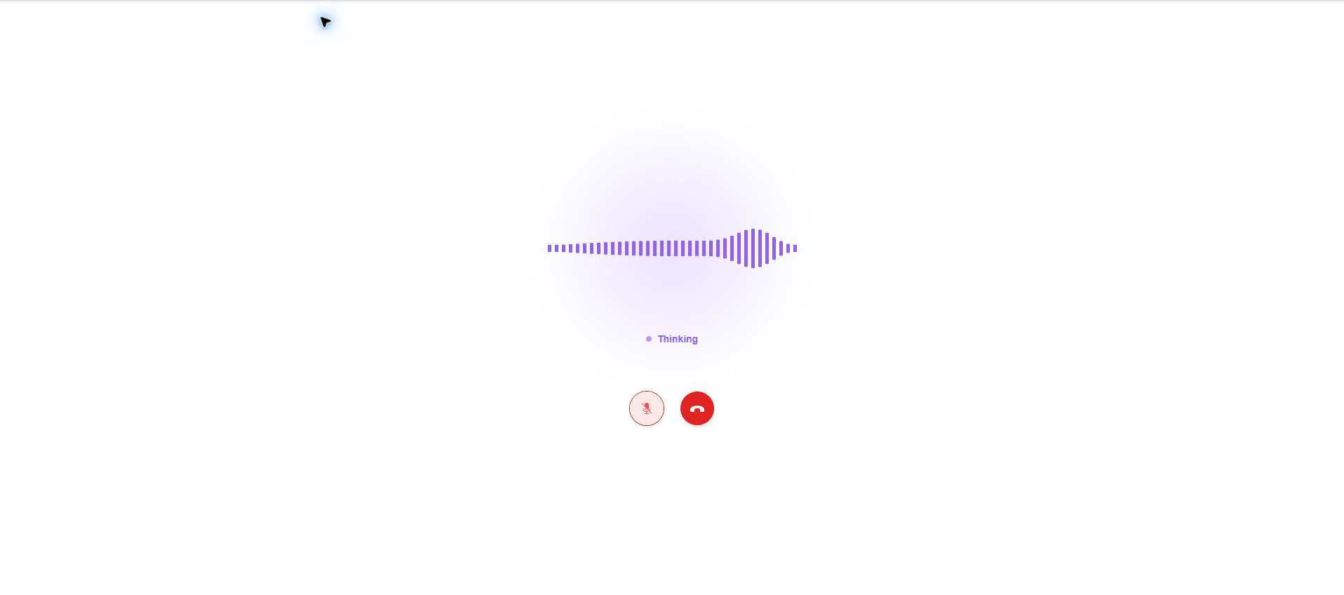 Voice conversation showing a purple waveform, Thinking status, mute and end-call controls