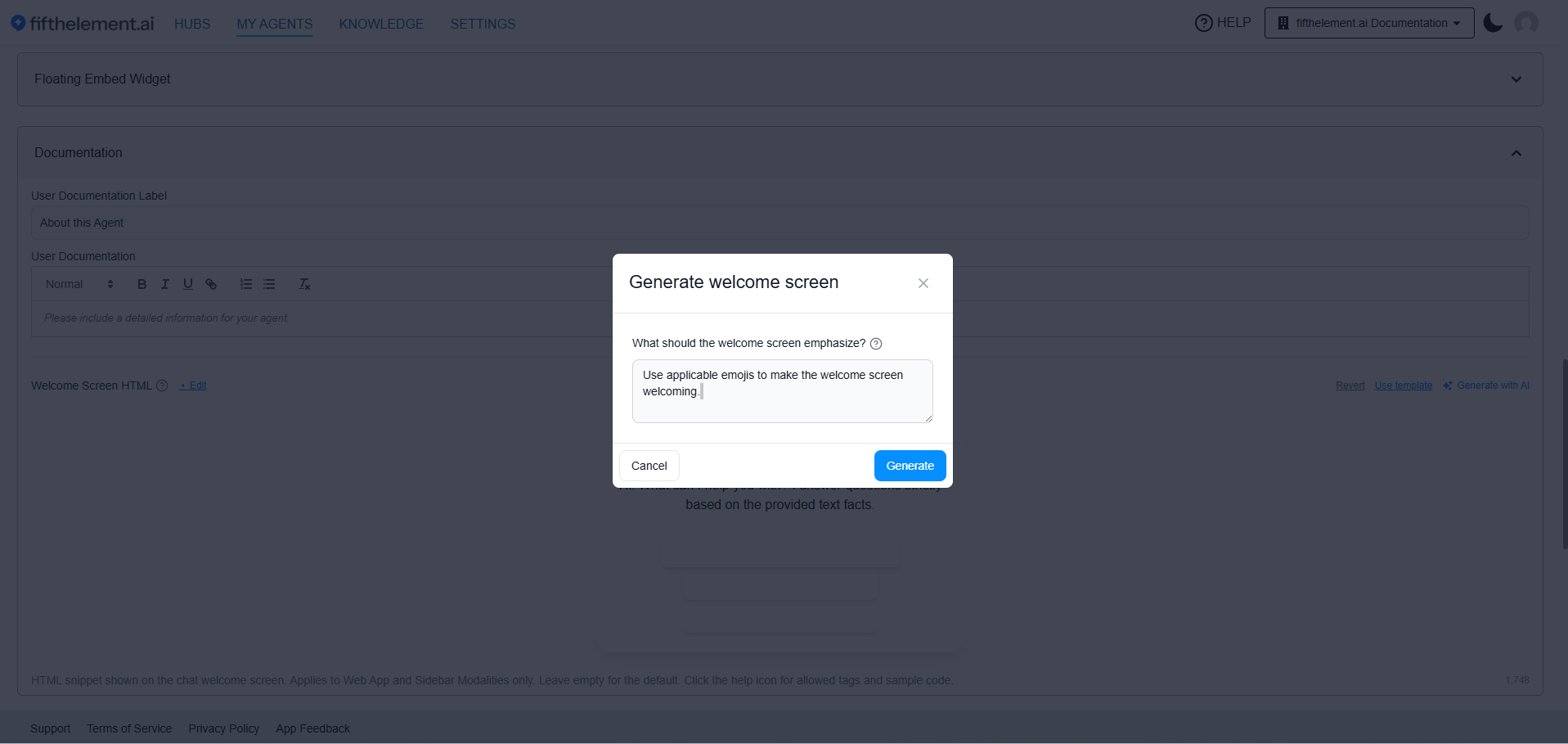 Generate Welcome Screen Modal