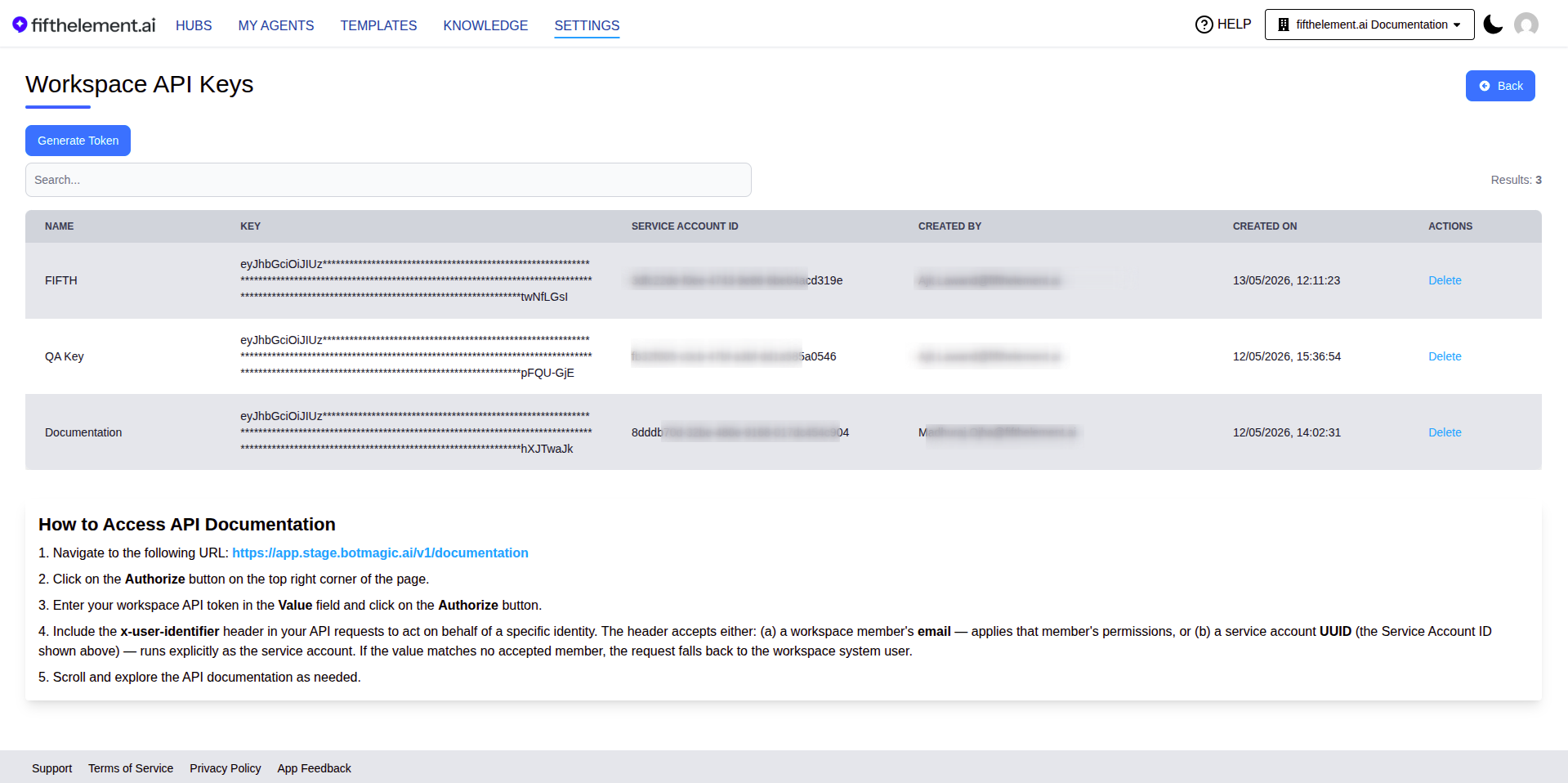 Workspace API Keys Page